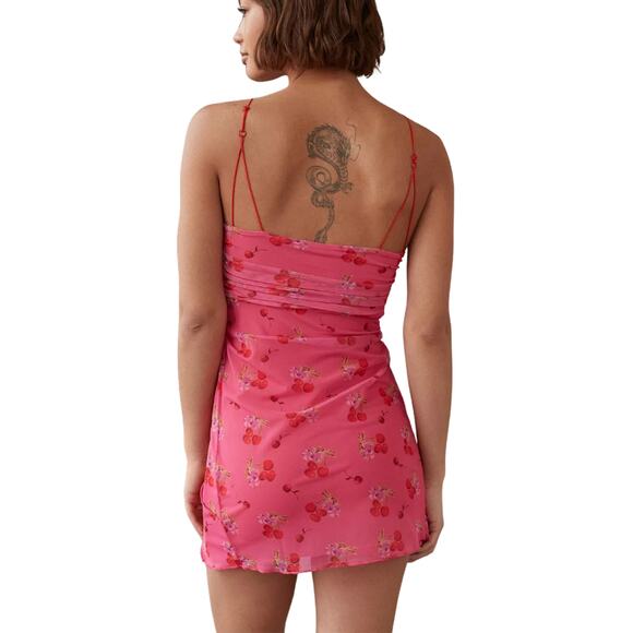 Urban Outfitters Cherry Bright Mesh Mini Dress UO Size Small Stretchy Bodycon - Picture 7 of 8